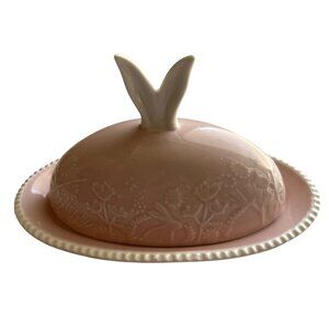 Pink Ceramic Bunny Butter Dish W/ Lid Peppertree Tabletops 7.5" Floral Embossed
